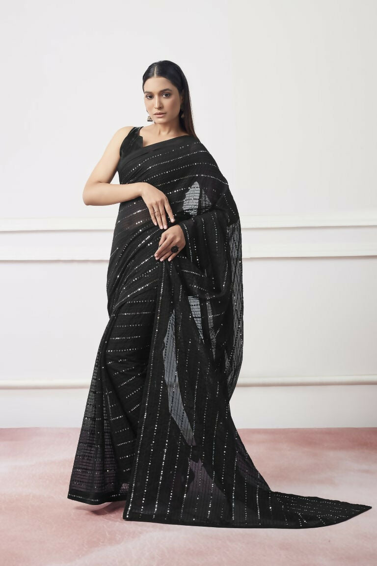 Black Georgette Sequance,Thread Embroidery Work Saree with Unstitched Blouse - Vandini