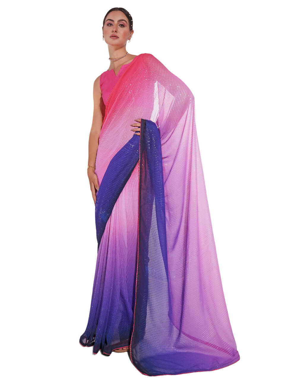 Pink Georgette Sequence Embroidery Saree With Unstitched Blouse Piece - Rajal
