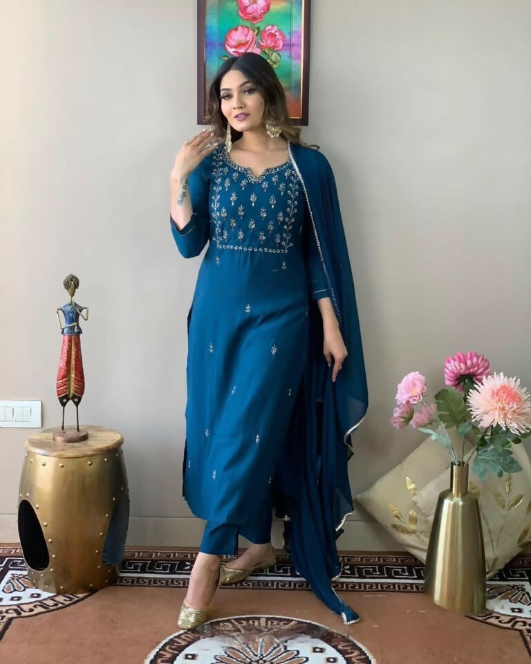 Ethnic Festive Wear Reyon Slub Rama Stitched Suit With Dupatta - Tanisha