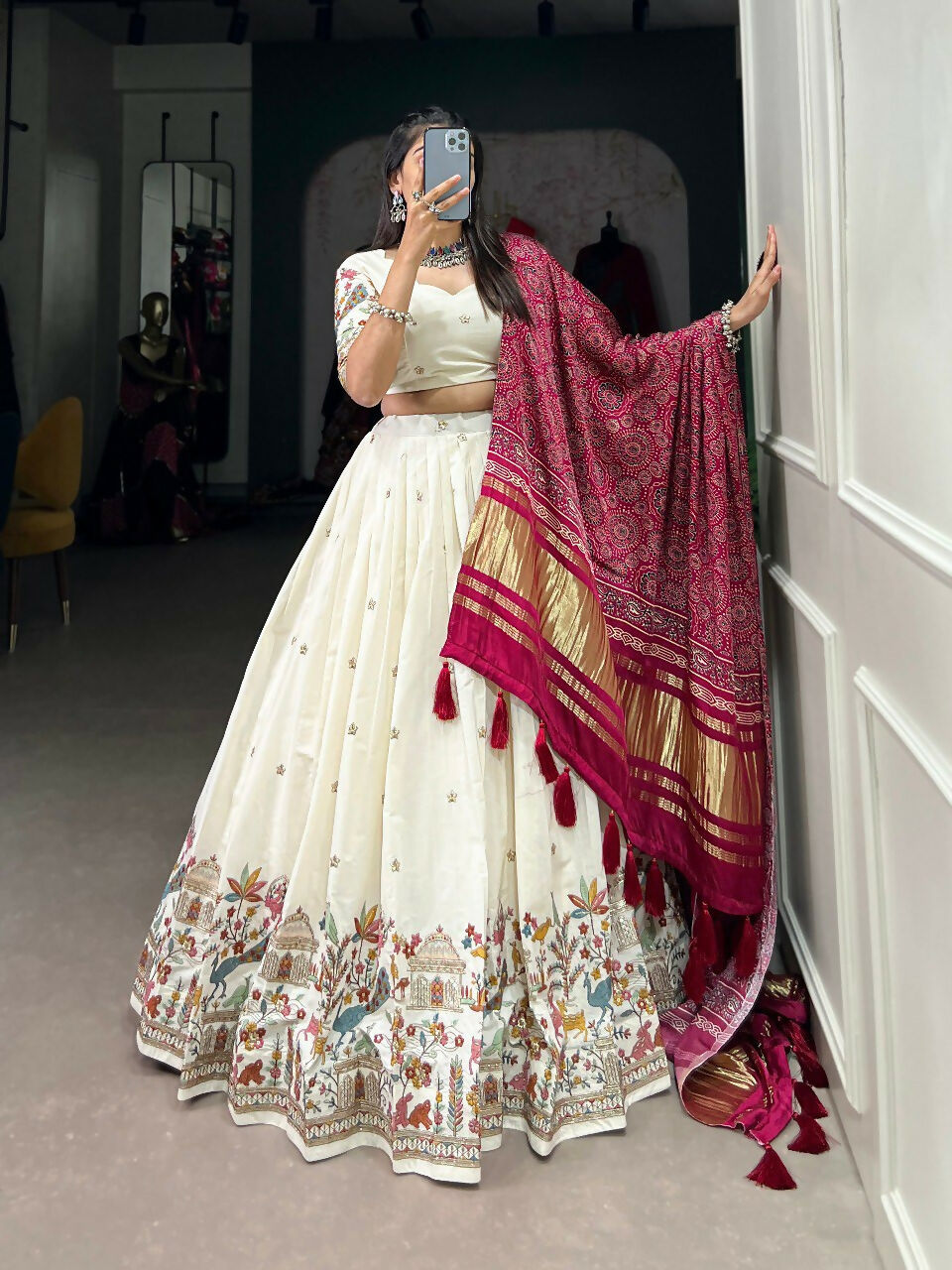 Vastranavya Traditional Special Khadi Cotton Sequins And Thread Embroidery Work Lehenga with Unstitched Blouse - White