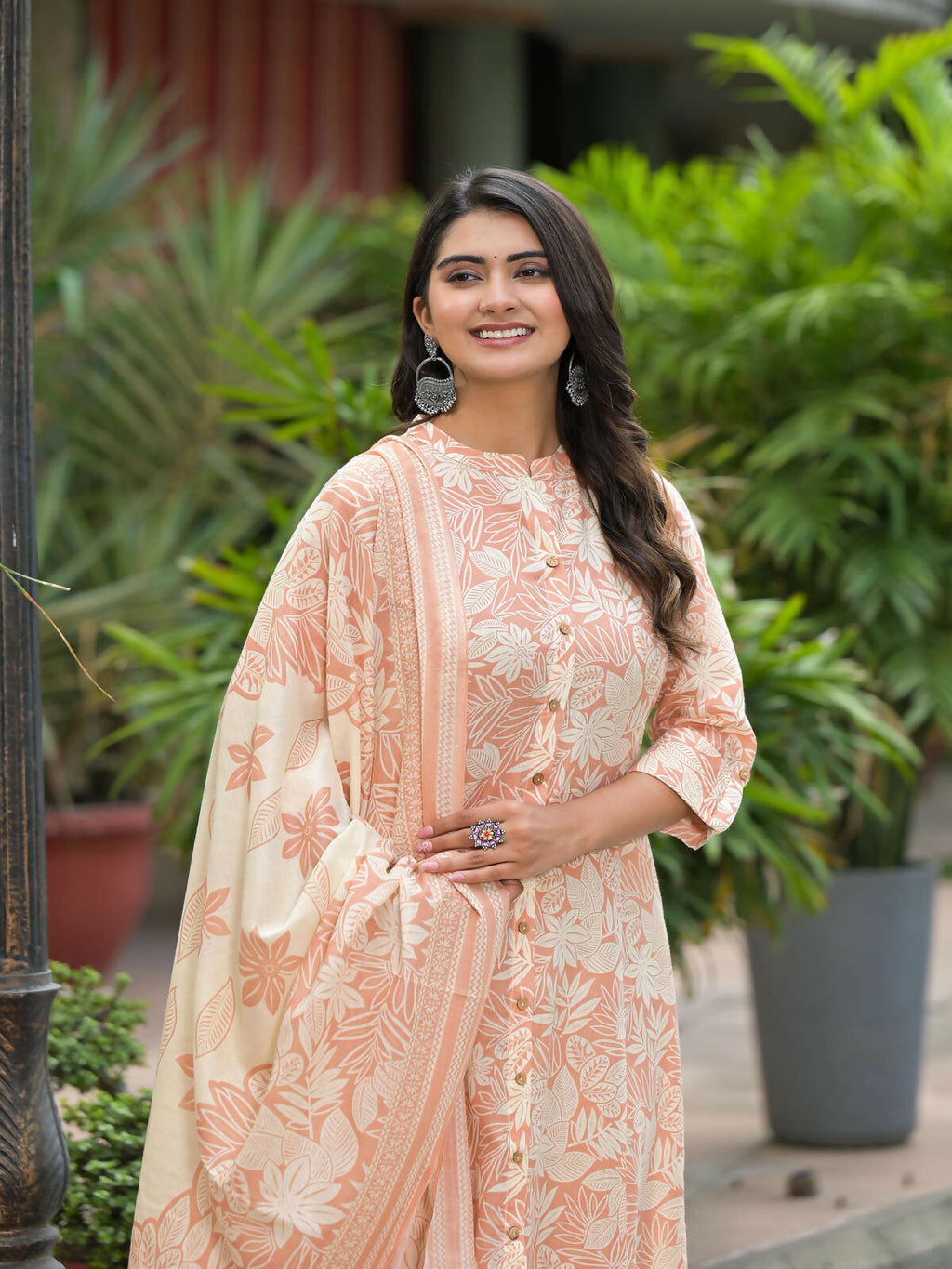 Juniper Women's Brown Floral Printed Cotton Kurta Set With Buttons