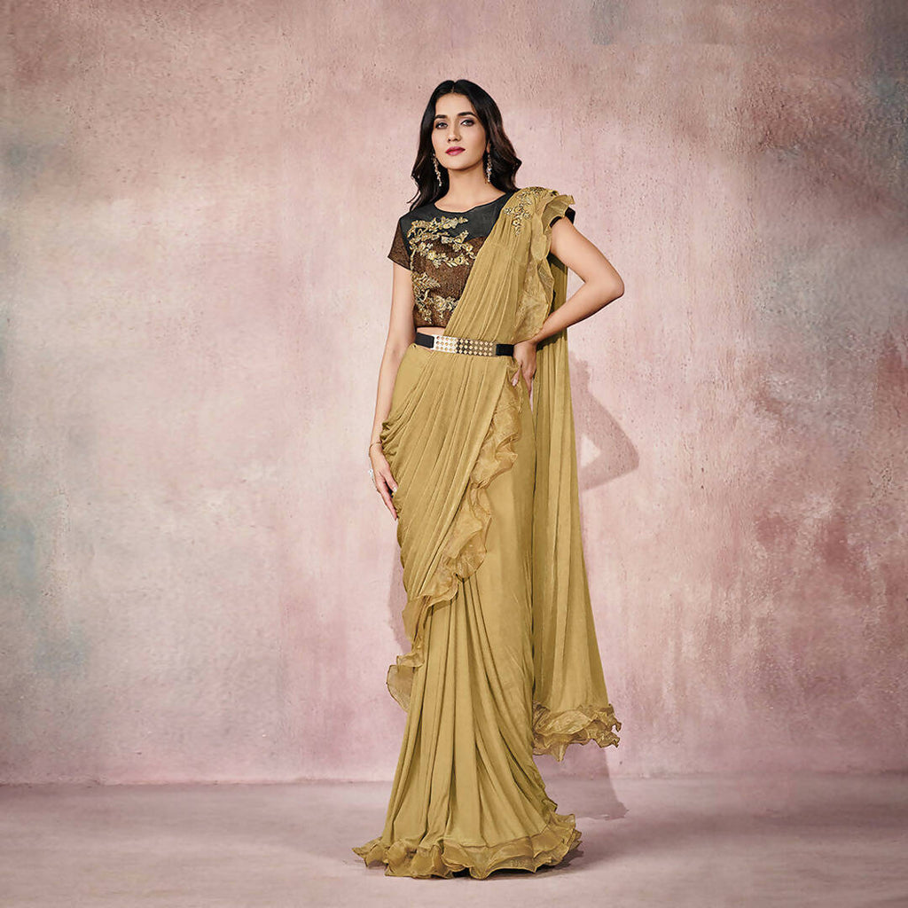 Beige Lycra Embroidery Designer Saree With Blouse - Mohmanthan Sitaarah