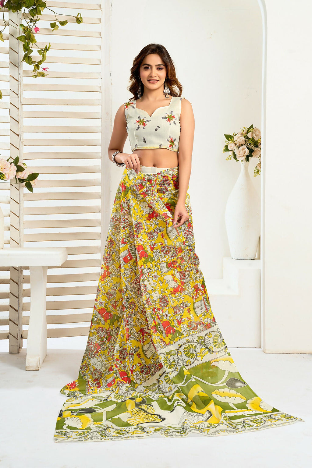 Vastranavya Yellow Digital Printed Linen Ready To Wear Designer Saree with Unstitched Blouse