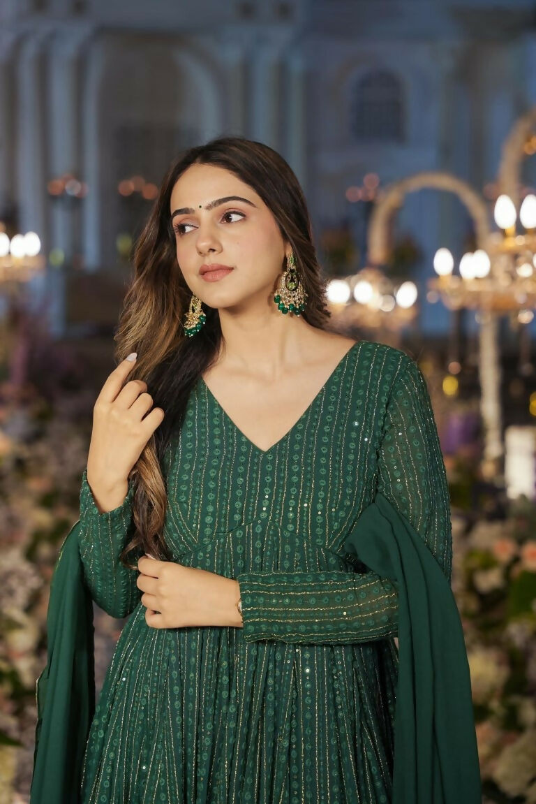Jyoti Fashion Women's Green Faux Georgette Zari Embroidery with Sequence Anarkali Dress with Dupatta
