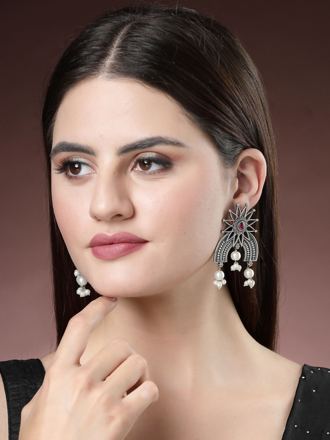NVR Women's Floral Silver-Plated Artificial Stones and Beads Drop Earrings
