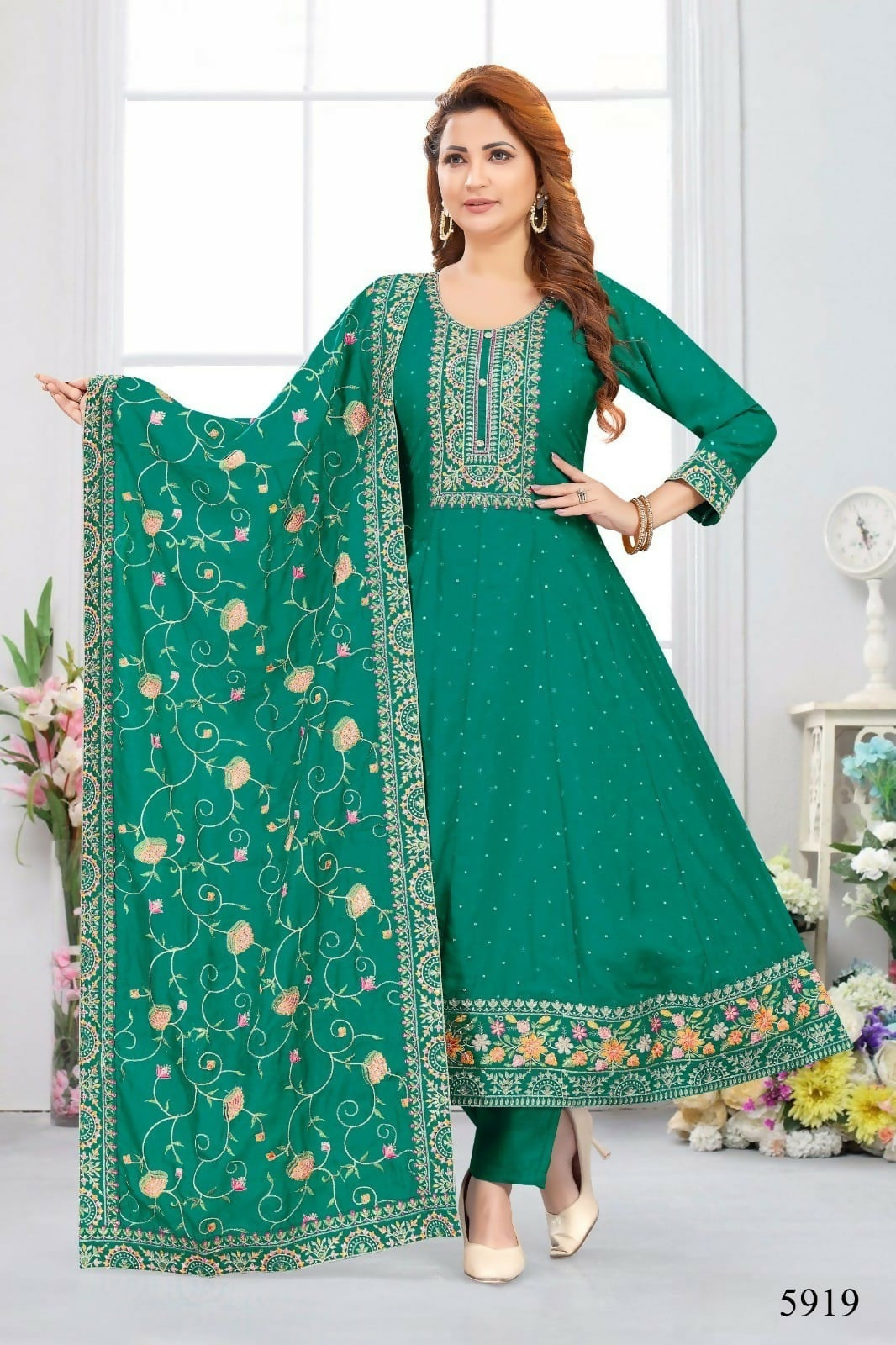 Joban Fashion Chinon Silk Rama Green Color Kurta Set