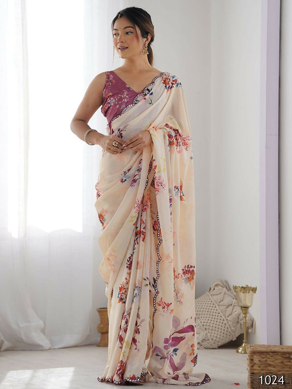 Designer Partywear Georgette Cream Fancy Saree-Druga