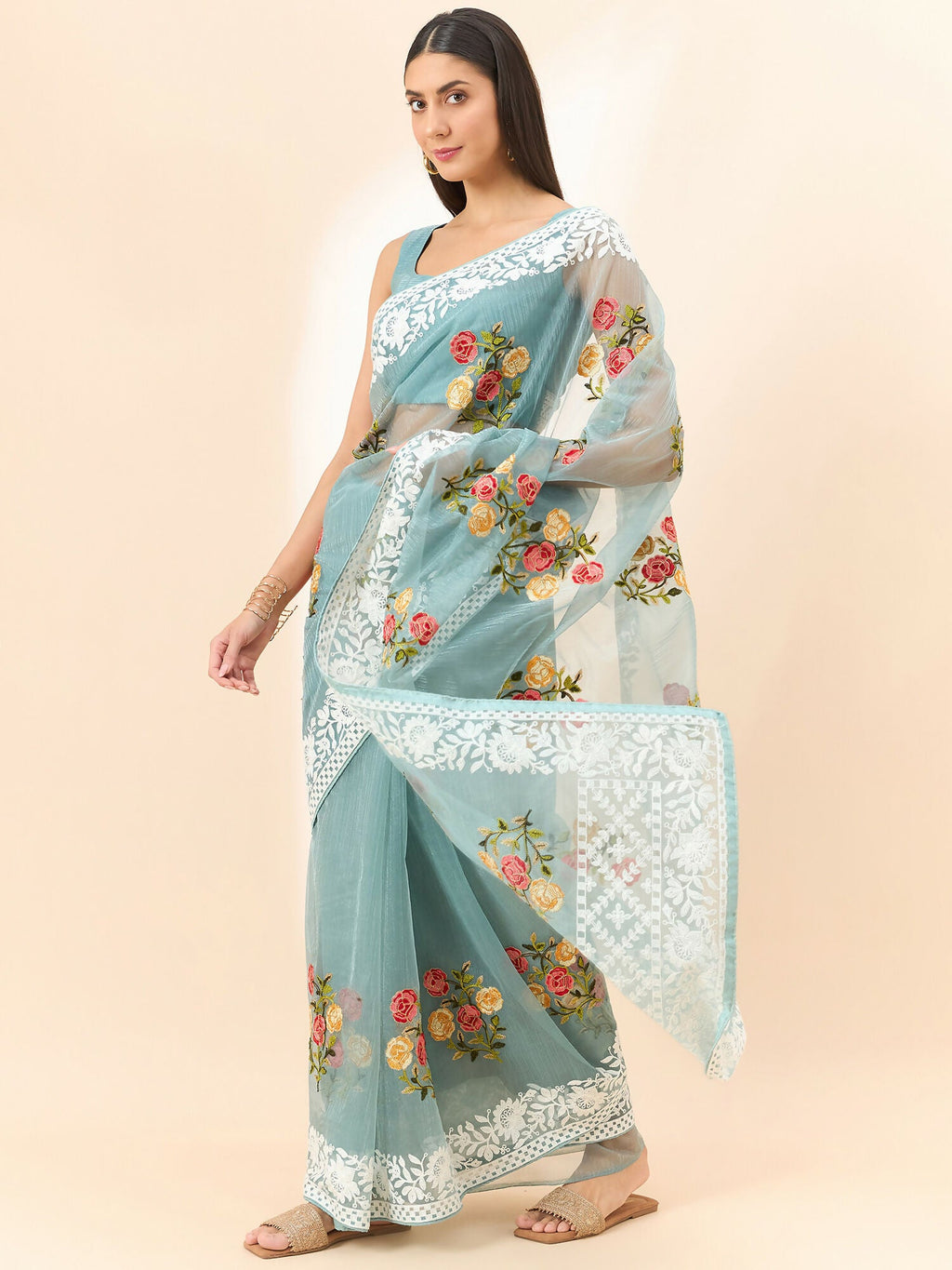 Blue Organza Floral Embroidered Saree with Unstitched Blouse Piece - Roozal