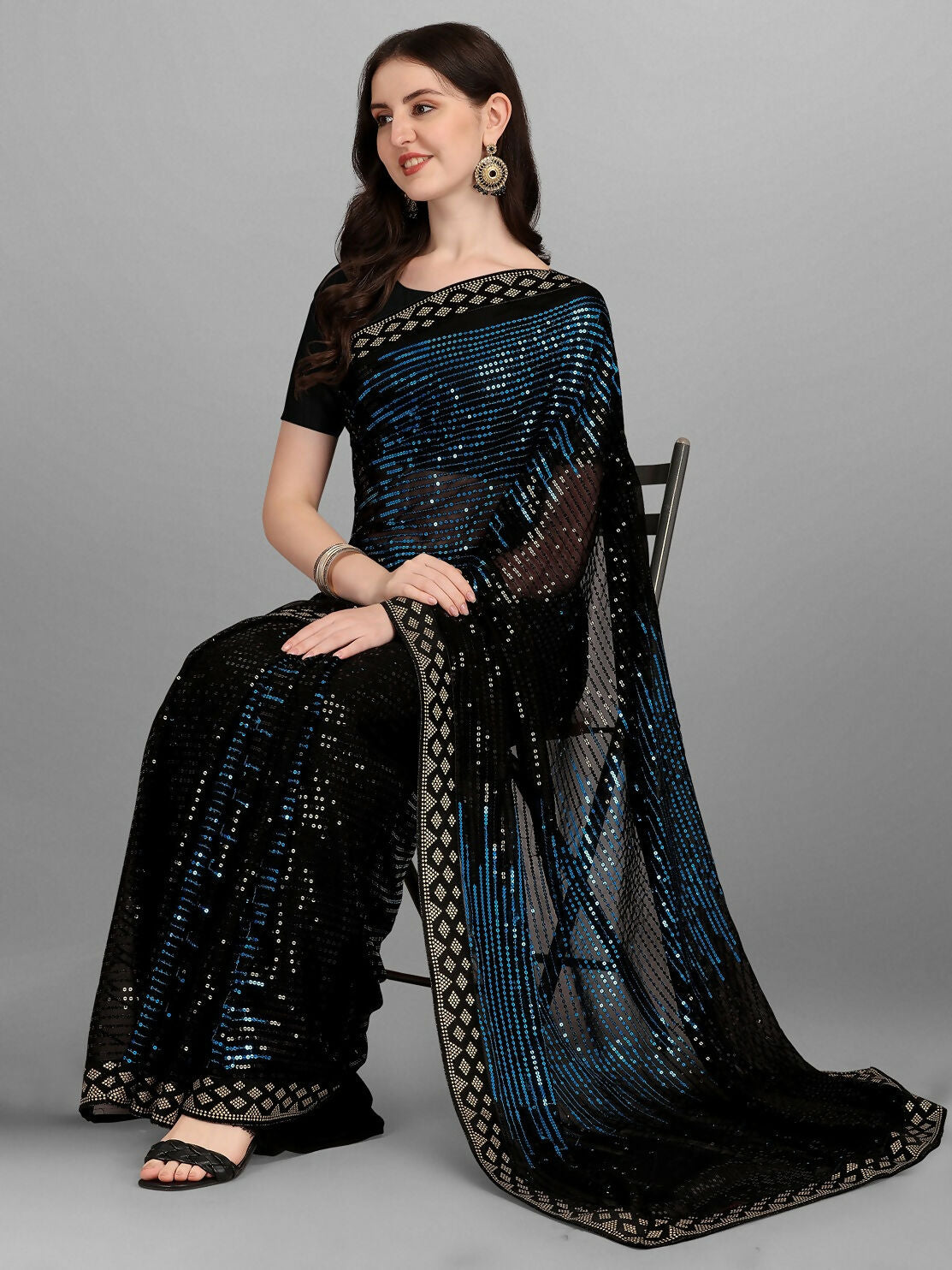 Vegaa Fashion Black Georgette Embroidered Party Wear Saree