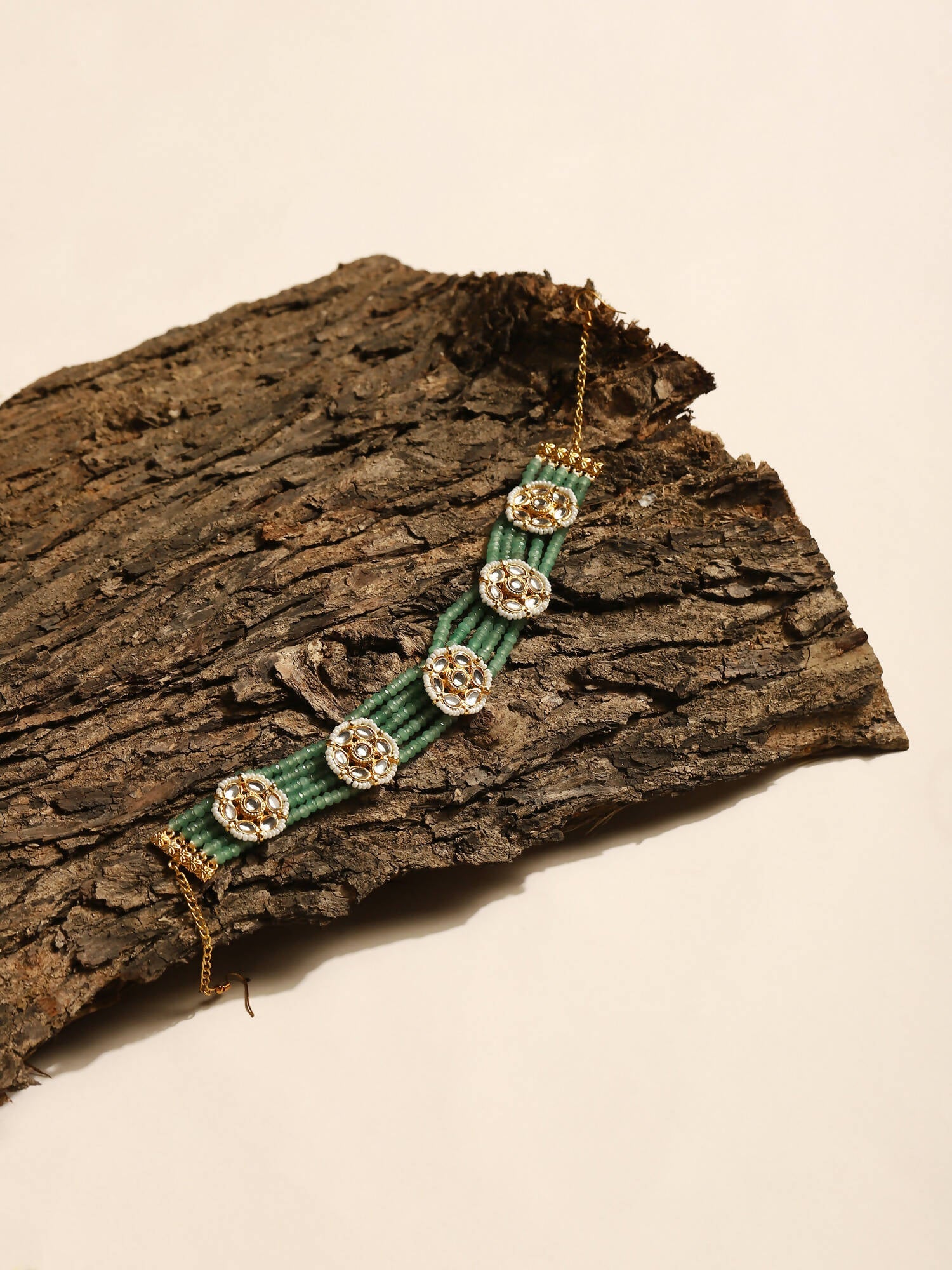 Gold-Polished Green Kundan Studded Headband - Ruby Raang