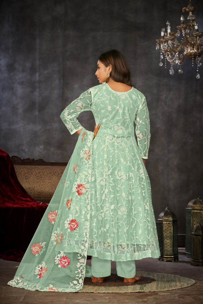 Jyoti Fashion Women's Sea Green Net Embroidered Anarkali Kurta Pant Set With Dupatta