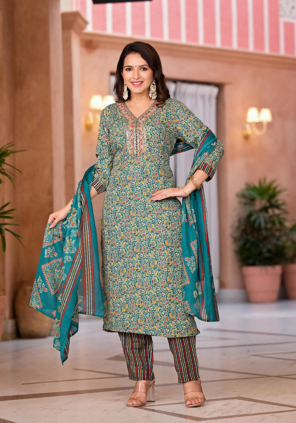 Juniper Women's Rama Green Cotton Ethnic Motif Printed Kurta Set With Sequins & Thread Work