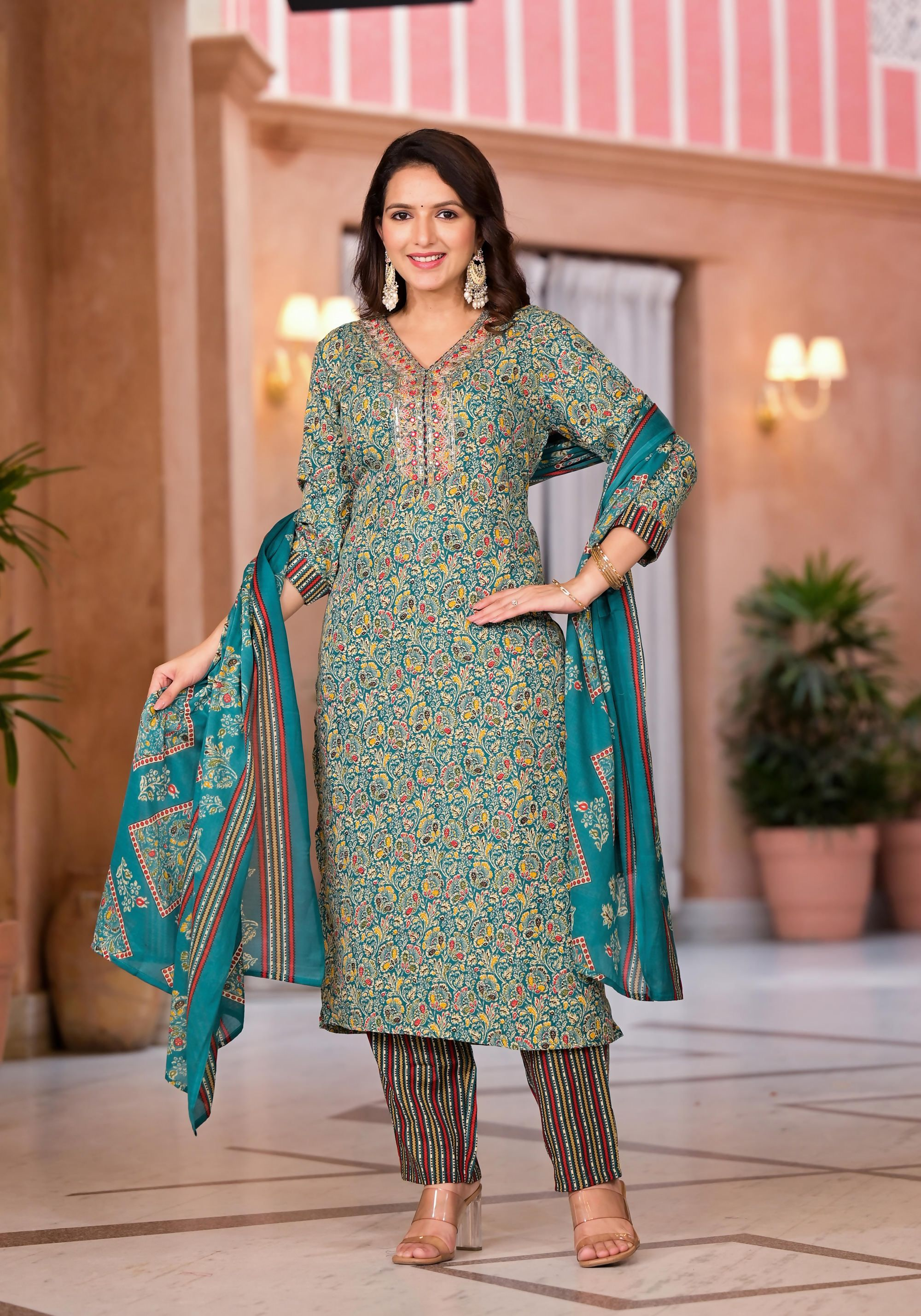 Juniper Women's Rama Green Cotton Ethnic Motif Printed Kurta Set With Sequins & Thread Work