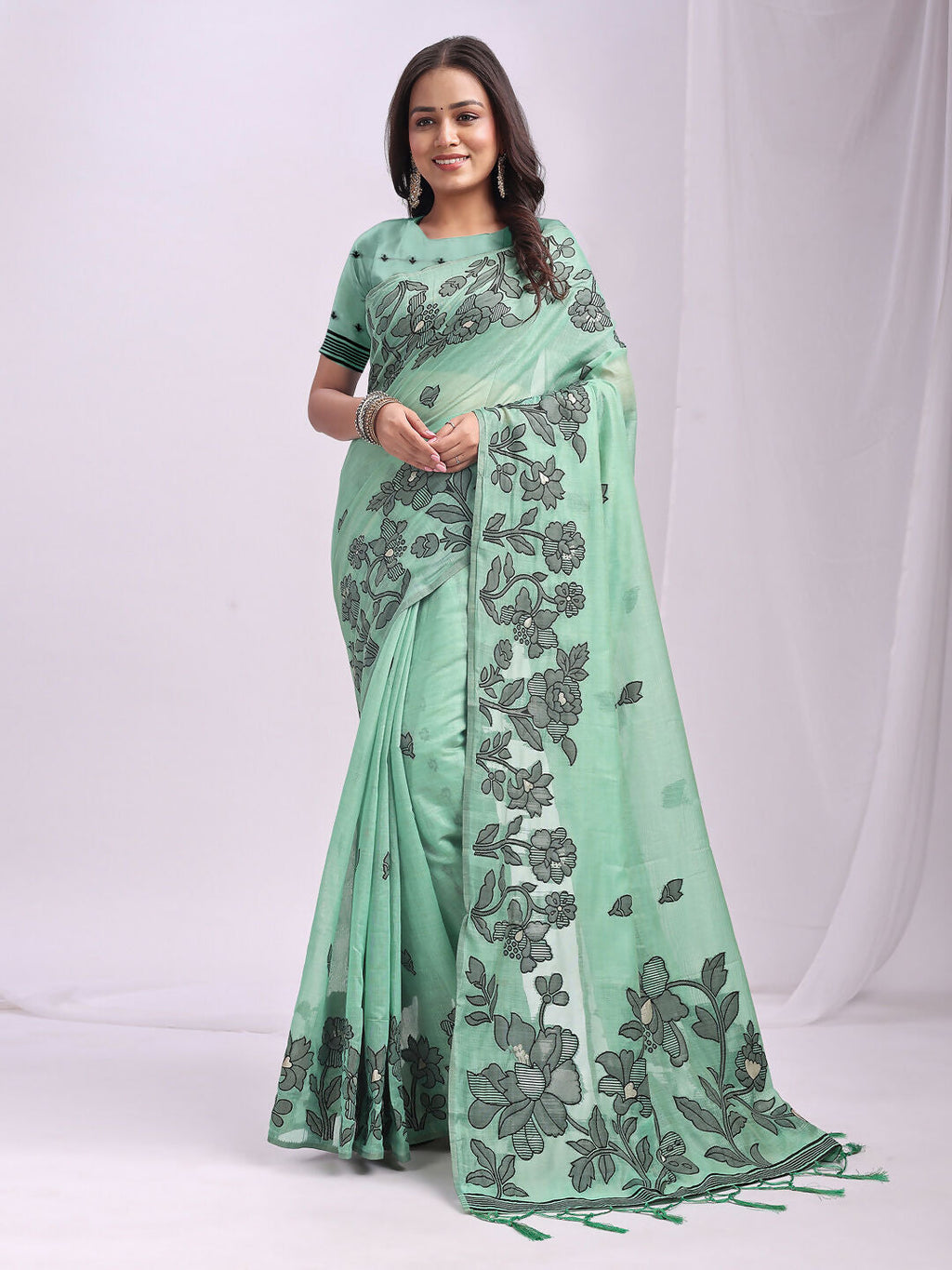 Shree Shyam Fashion Kashira Rama Green Linen Cotton Saree