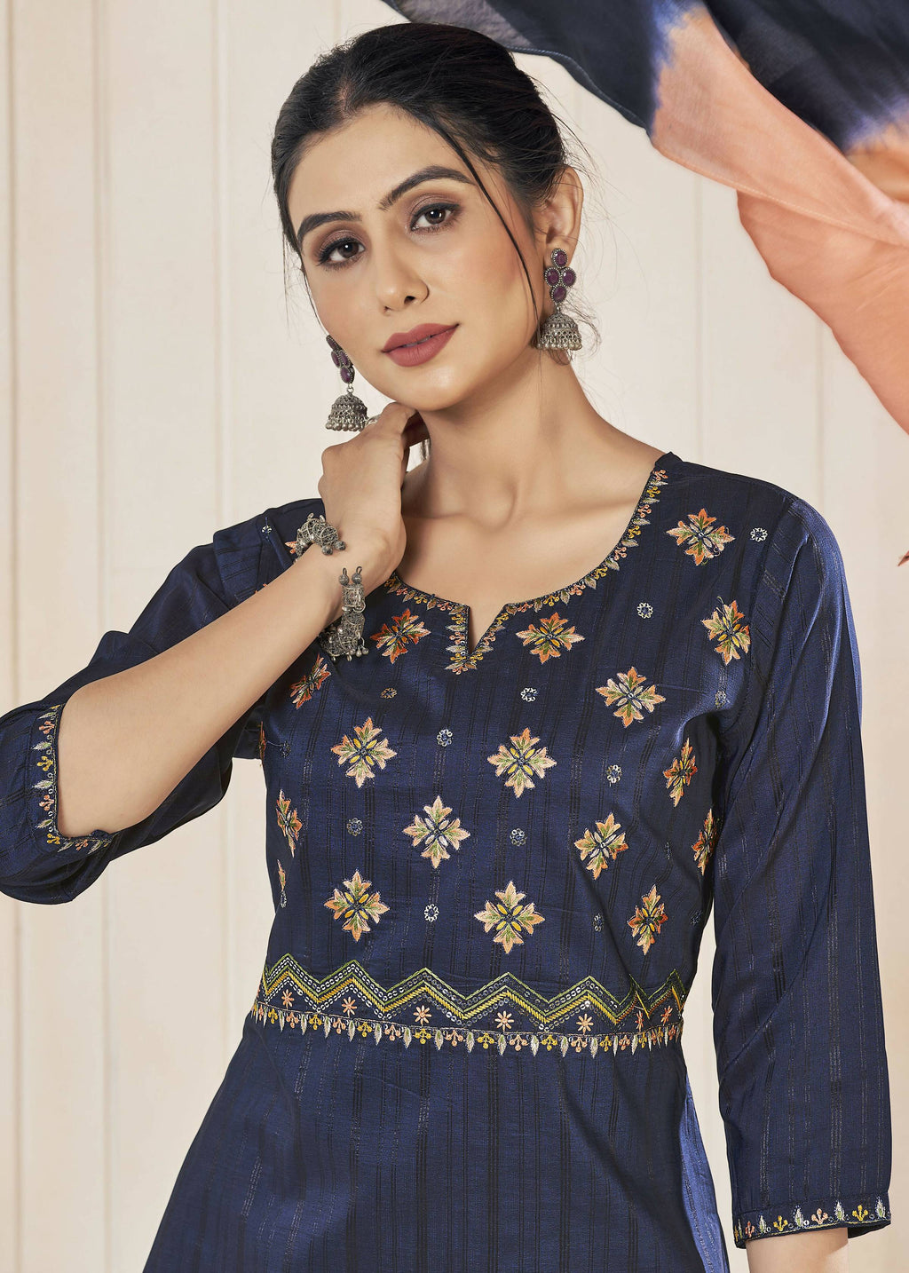 Jyoti Fashion Women's Navy Blue Pure Viscose Weaving Stripe with Embroidery Kurta Set