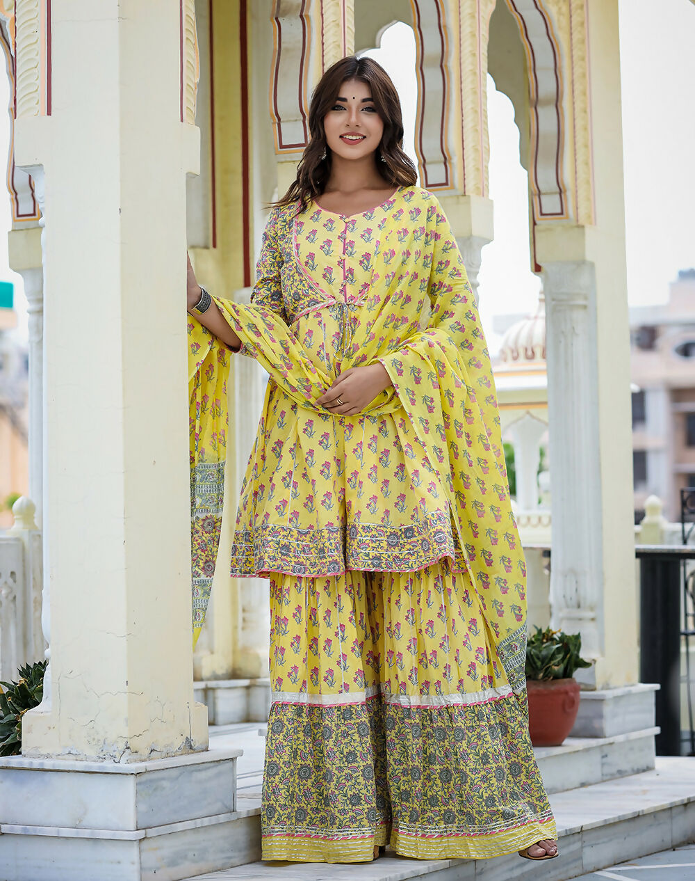 Kaajh Women's Yellow Floral Paplum Kurta Sharara Set With Dupatta