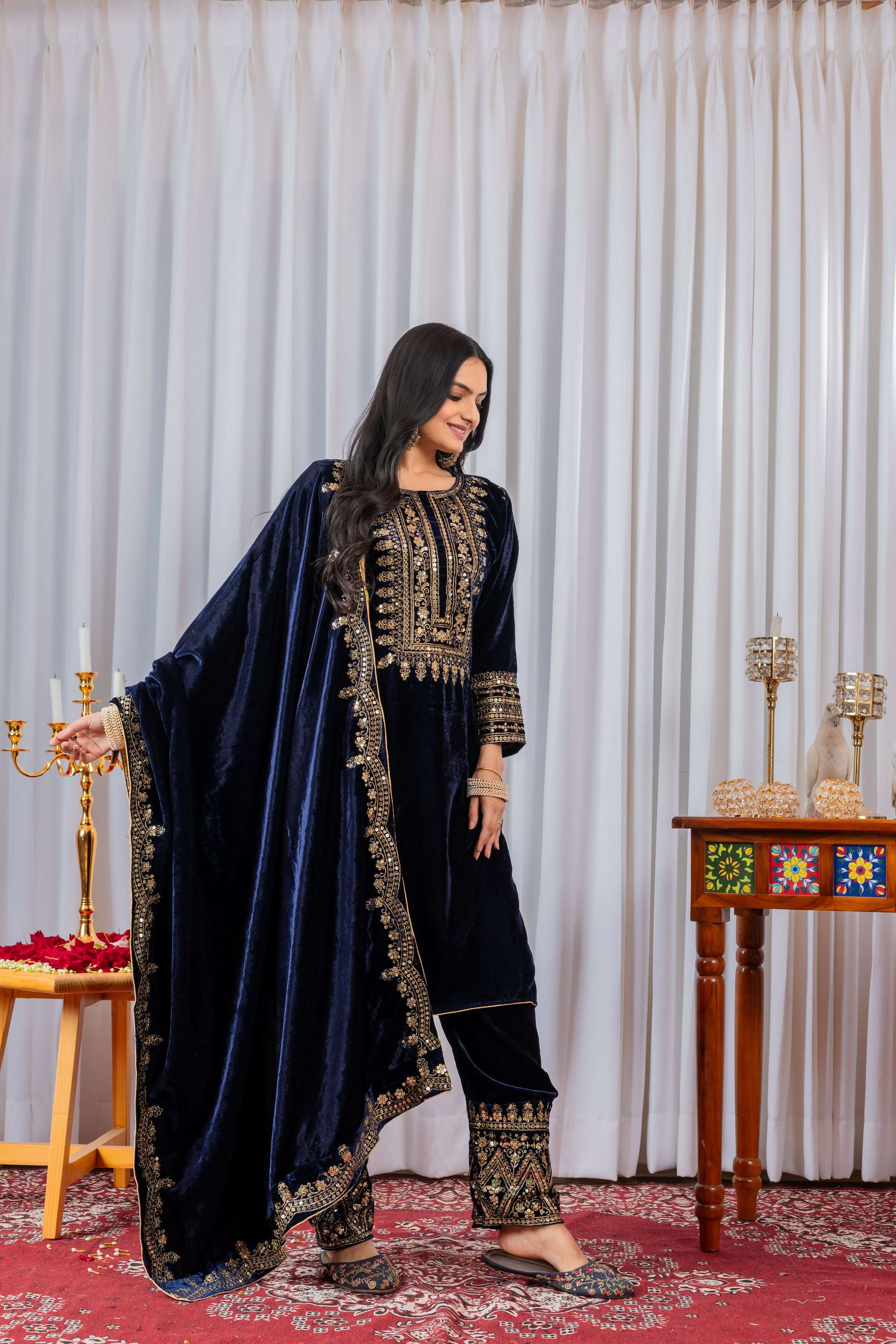 Teeya Creation Blue Color Velvet Designer Embroidery Work party Wear Suit