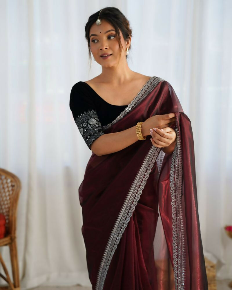 Attrctive Looking Gold Jari, Sequance Embroidery Work Twill Net Party Wear Saree - Coffee