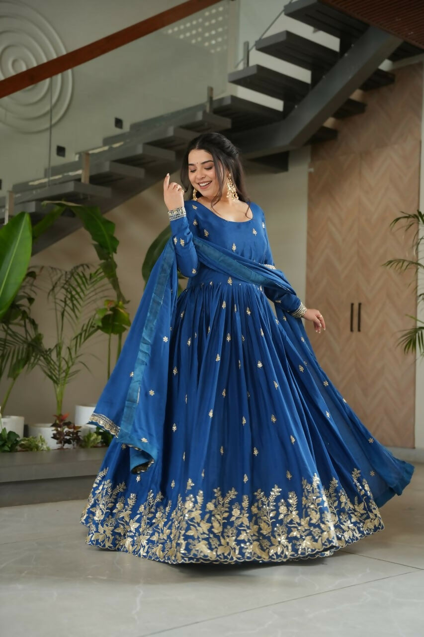 Teeya Creation Blue Color Chinon Silk Party Wear Long Gown