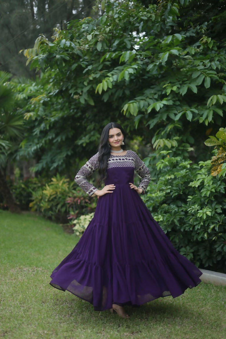 Jyoti Fashion Women's Purple Sequins Zari Embroidered Faux Georgette Anarkali Dress