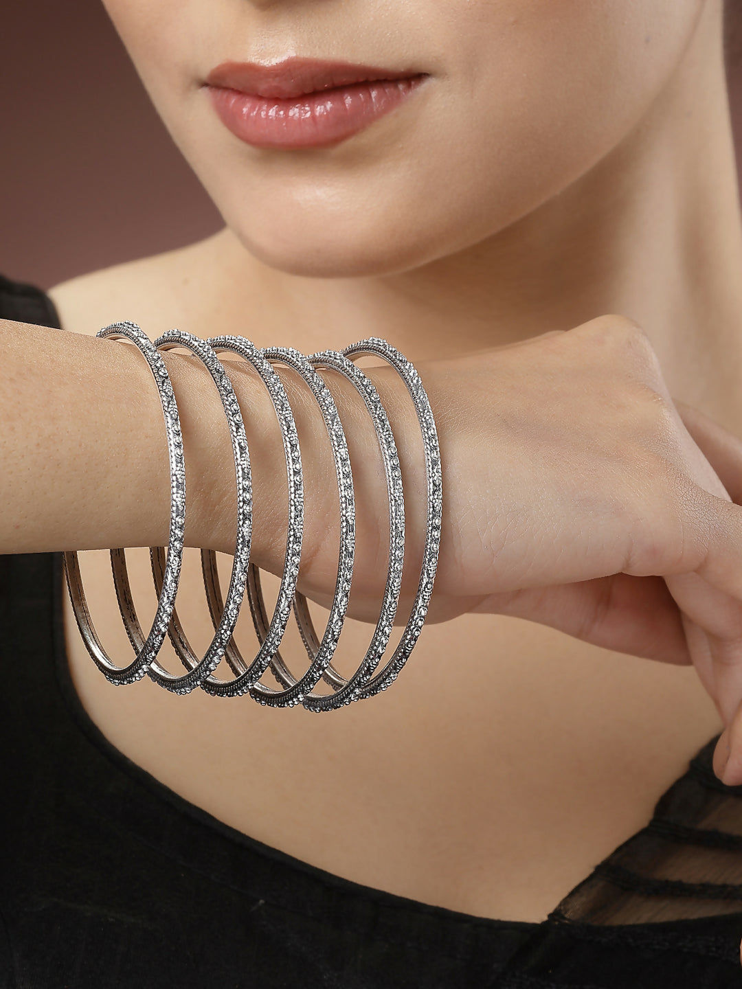 NVR Women's Set of 6 Silver-Toned German Silver Oxidised Bangles