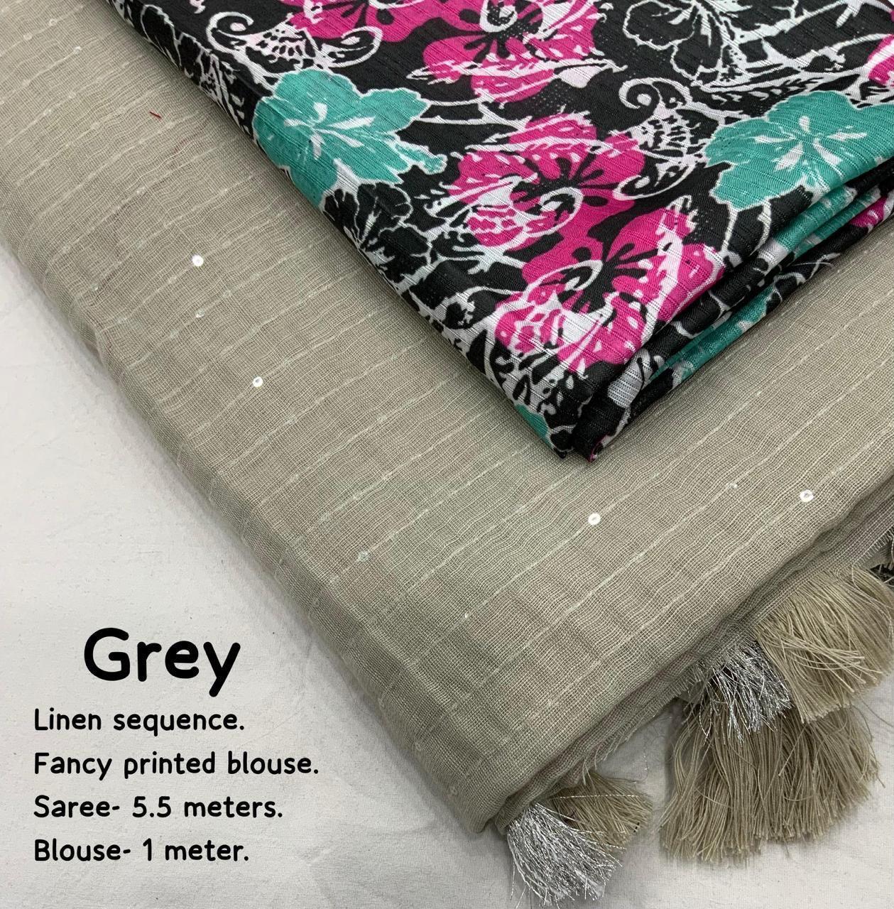 Grey Linen Sequence Saree with Unstitched Blouse - Hiral Fashion