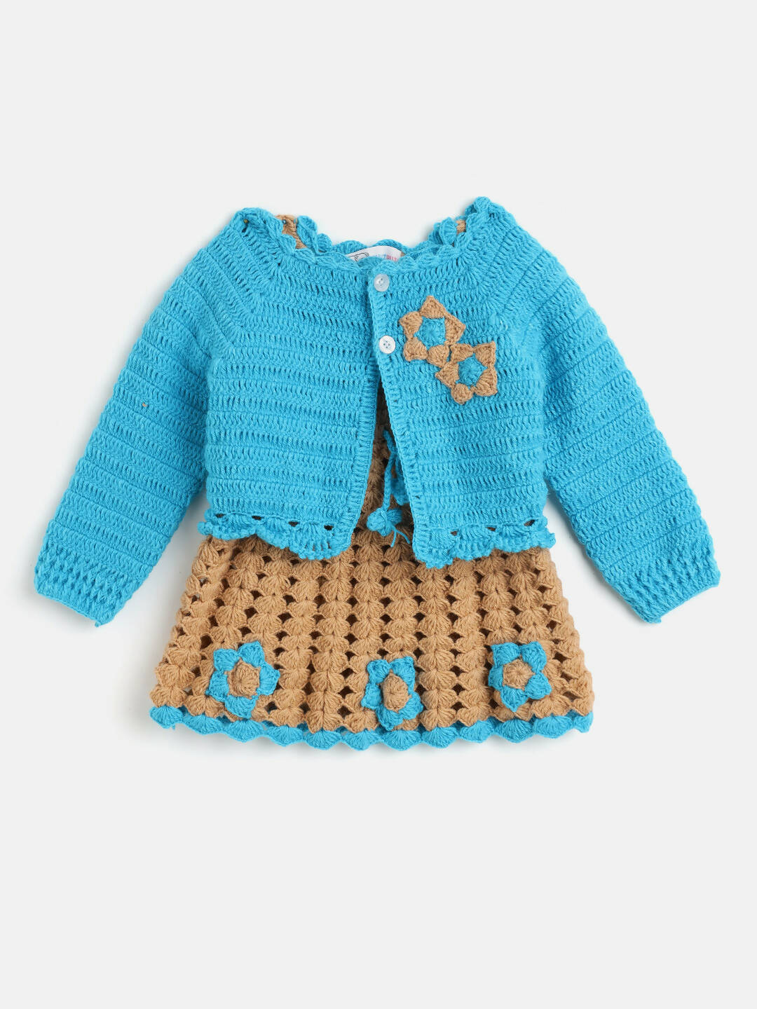 Chutput Kids Woollen Hand Knitted Full Sleeves Cardigan With Short Sleeves Flower Work Dress For Baby Girls - Blue