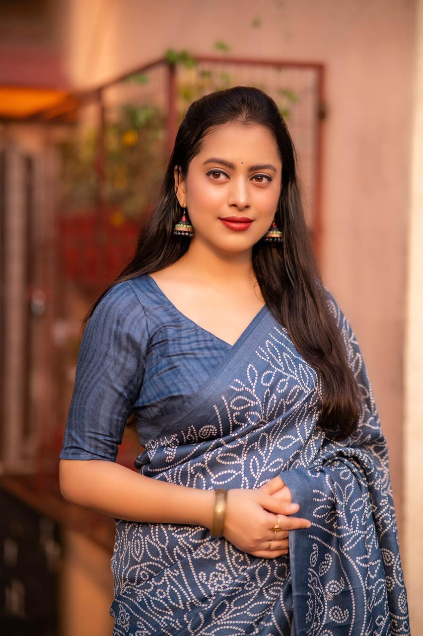 Grey Silk Blend Ajrak Saree with Unstitched Blouse - Hiral Fashion