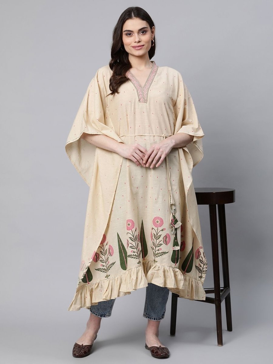 Ahalyaa Women Beige Pure Cotton Floral Printed Kaftan Kurta