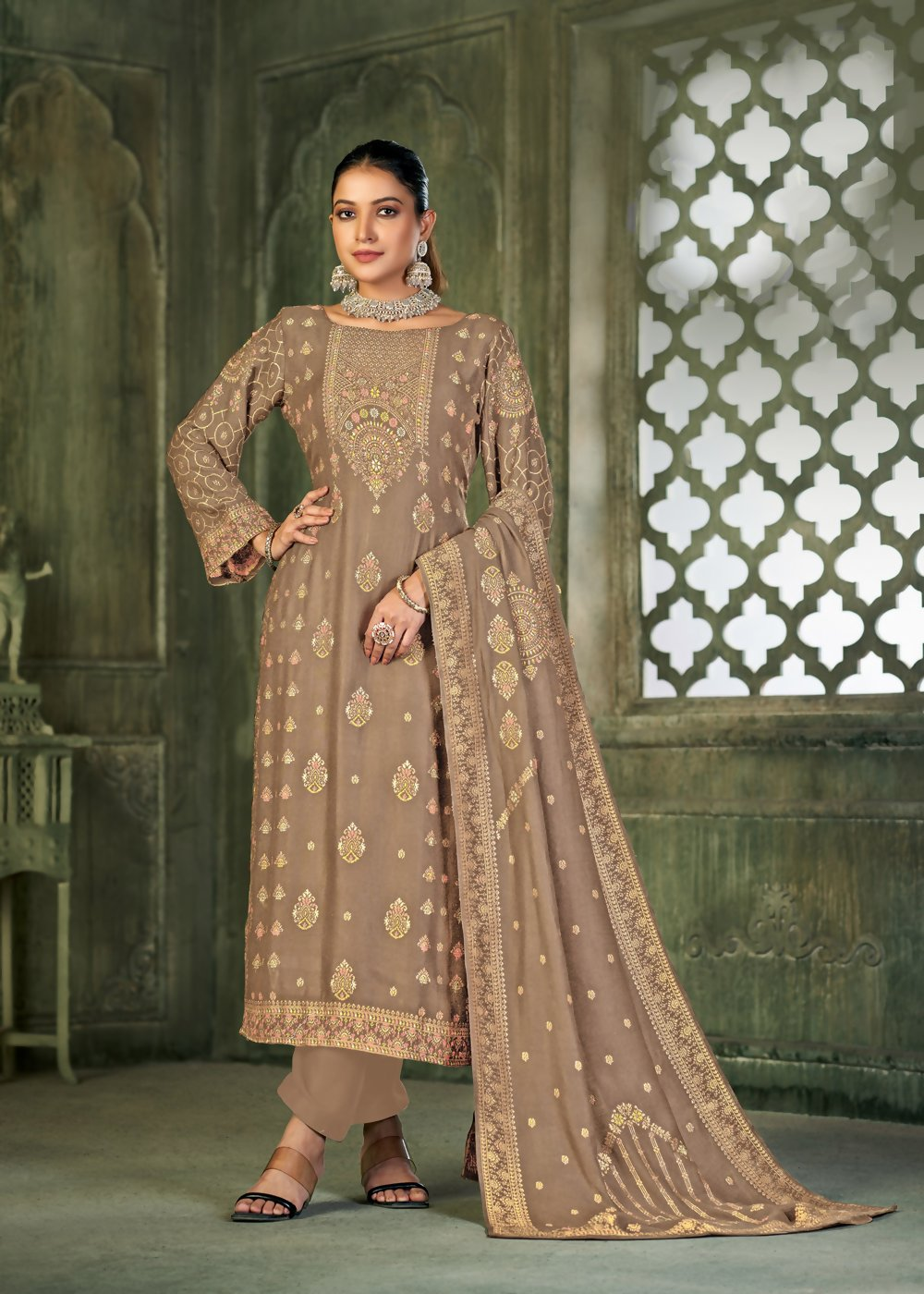 Beige Viscose Pasmina Mina Work Kurta & Bottom with Dupatta - Natasha