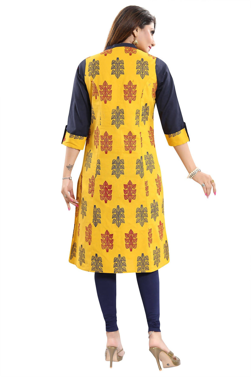 Snehal Creations Luscious Lemon Yellow Shirt Style Cotton Printed Tunic