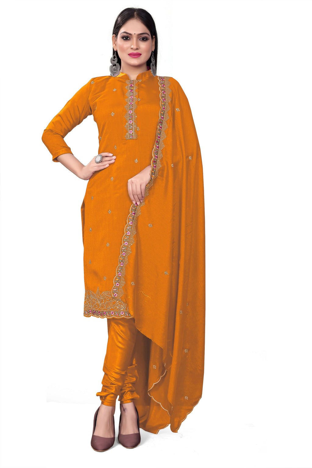 Mustard Silk Embroidered with Sequins work Unstitched Dress Material - Tanvi