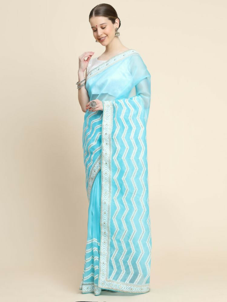 Vamsee Banno Lehriya Sky Organza Saree