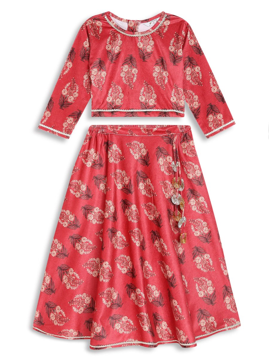 Ahalyaa Girls Floral Printed Velvet Ready to Wear Kids Lehenga Choli