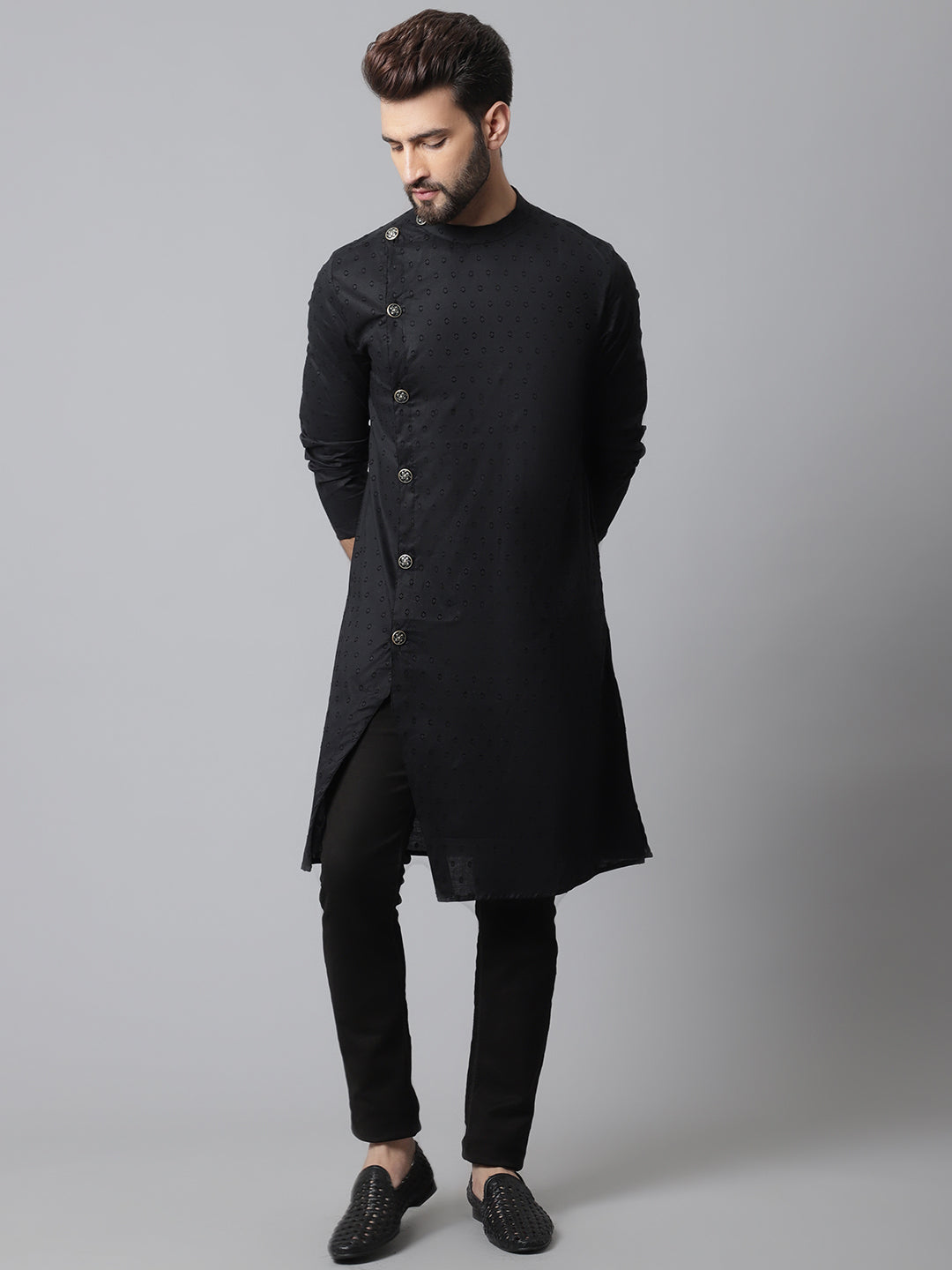 Even Apparels Black Sherwani Kurta With Asymetrical Cut