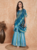 InWeave Women's Teal Shaded Lurex Frill Sharara Saree
