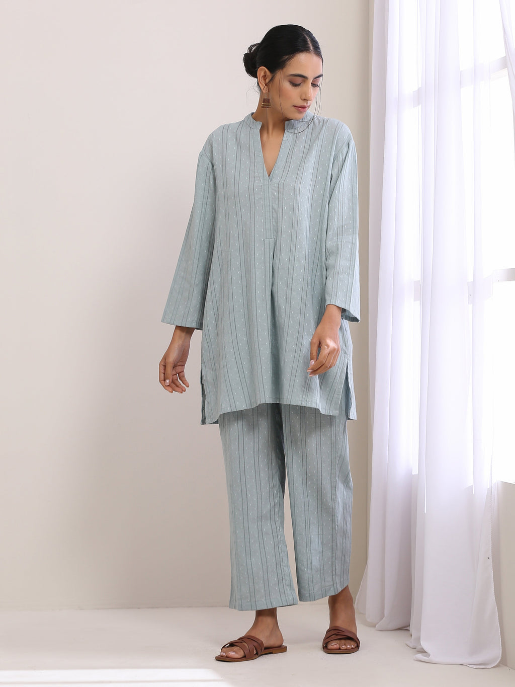 trueBrowns Eggshell Blue Dobby Relaxed Fit Co-Ord Set