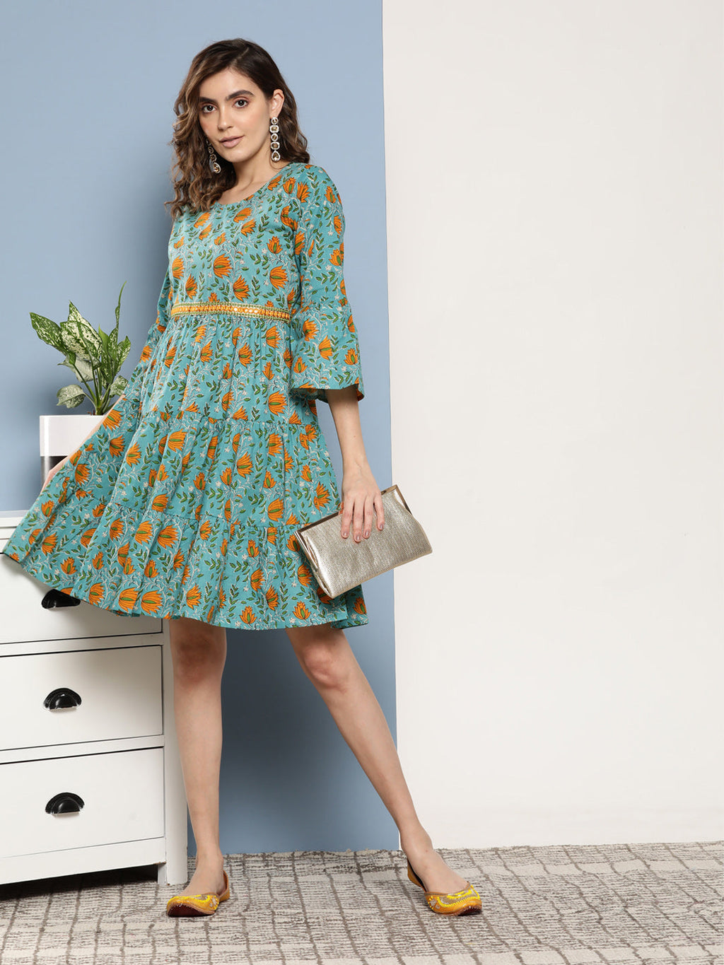 InWeave Women's Blue Mustard Print Short Dress