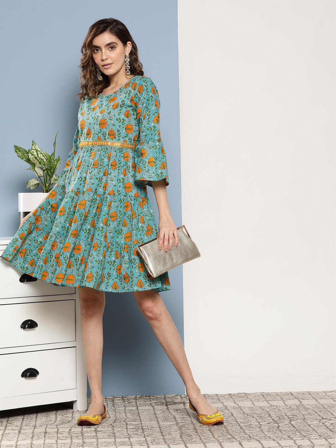 InWeave Women's Blue Mustard Print Short Dress