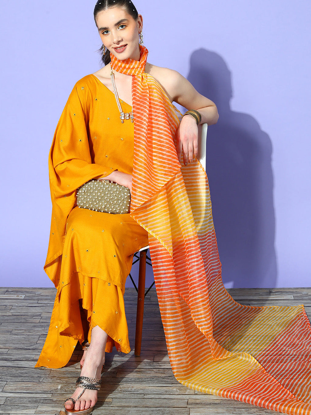 InWeave Women's Mustard Mirror Work One Shoulder Kurta Set With Dupatta