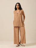 trueBrowns Beige Slub Texture Sleevesless Jacket Pant Set