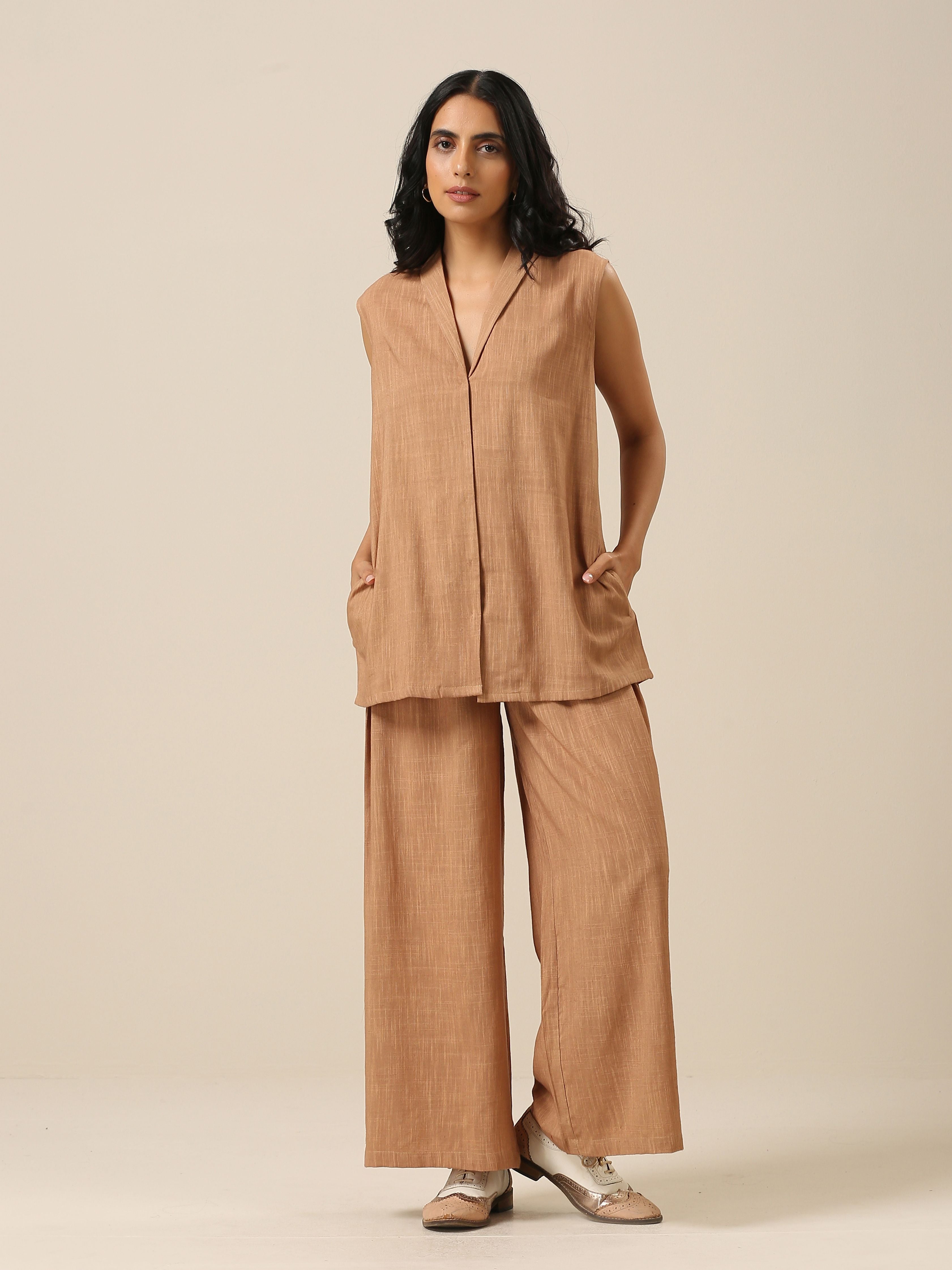 trueBrowns Beige Slub Texture Sleevesless Jacket Pant Set