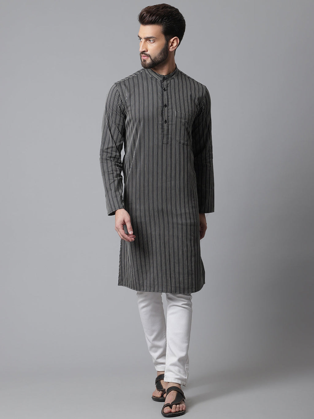 Even Apparels Black Pure Cotton Kurta With Band Collar