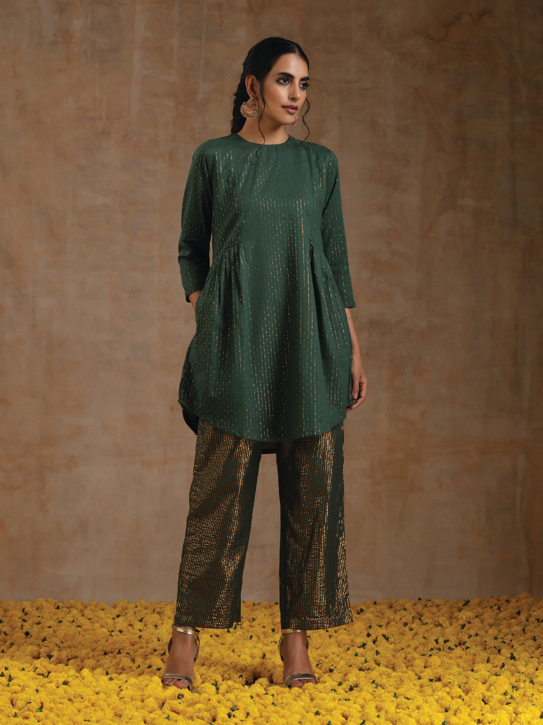 trueBrowns Dark Green Gold Cotton Side Gather Co-Ord Set