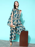 InWeave Women's Teal Bird Motif Tiered Kaftan Style Kurta Set