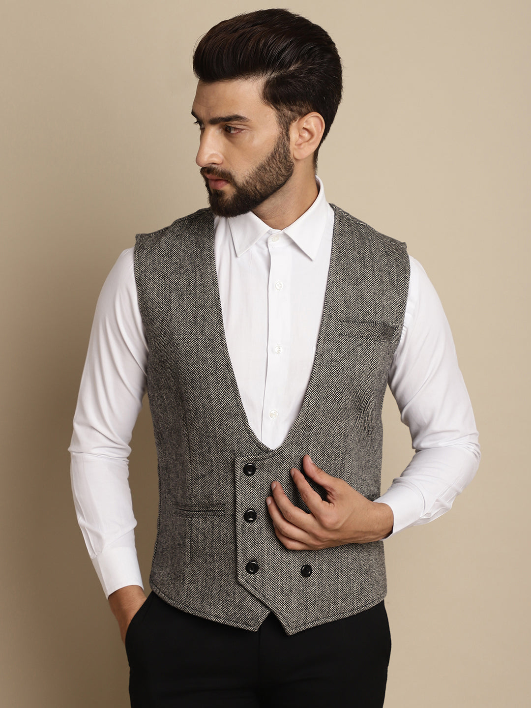 Even Apparels Men's Grey Woolen Double Breast Waistcoat