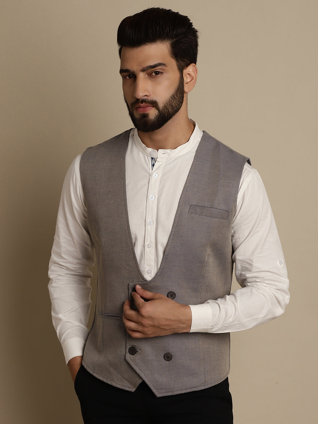 Even Apparels Men's Grey Double Breast Waistcoat