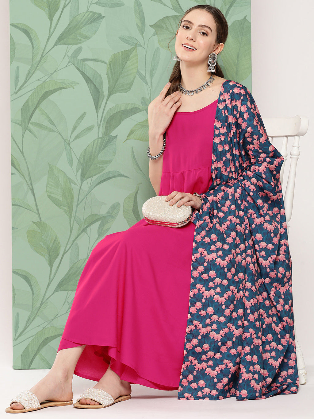 InWeave Women's Fuchsia Strappy Set W Navy Pink Lotus Cr Duptta