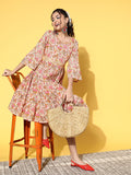 InWeave Women's Pink Boota Print Belted Dress