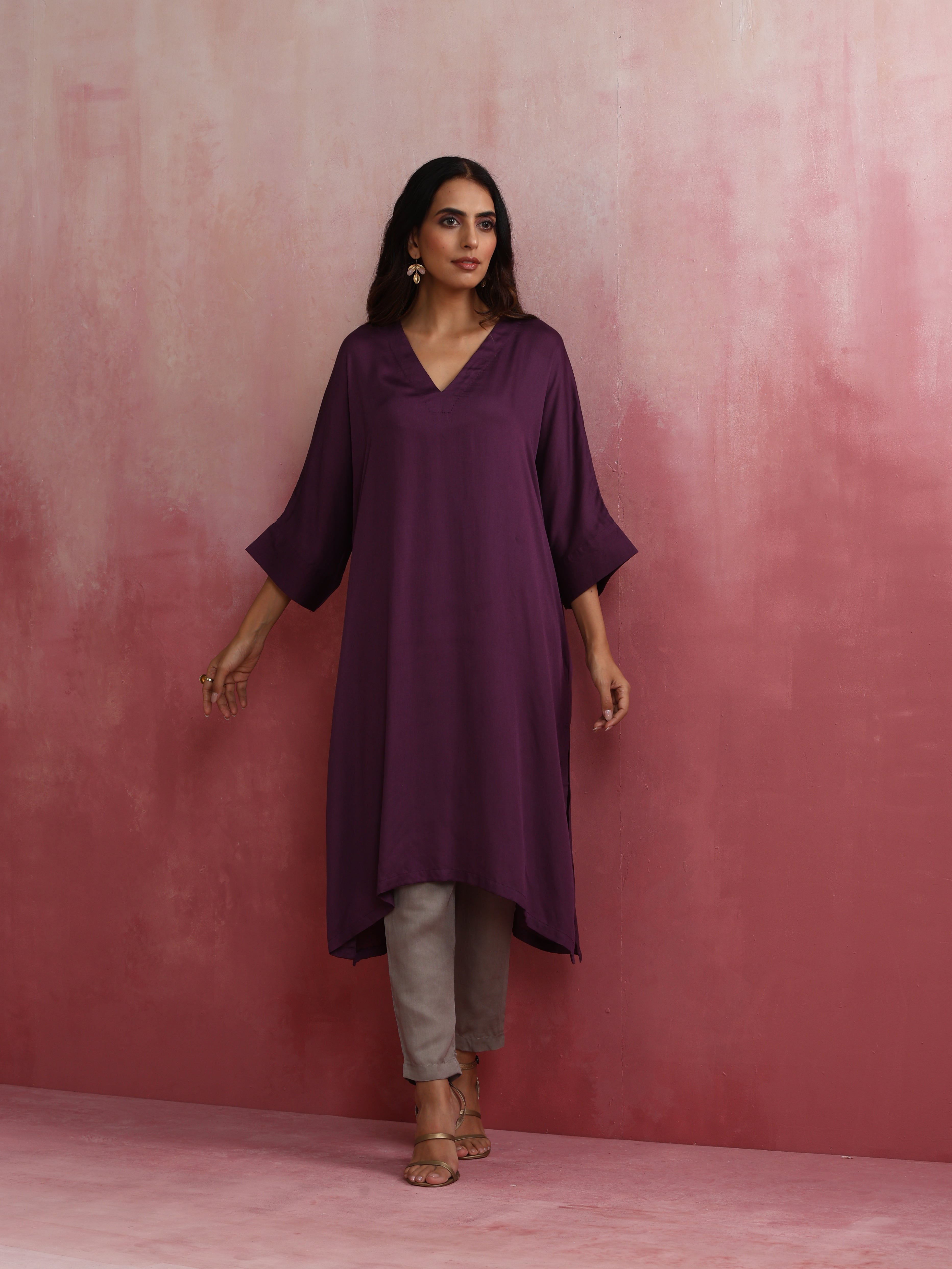 trueBrowns Purple Modal Kimono Kurta Set